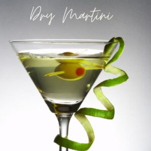 Dry Martini decorado com azeitona e limão, numa taça 